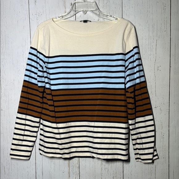J. Crew Tops - J. Crew Multicolored Brown Blue Cream Striped Boat Neck Long Sleeve Top Cotton M